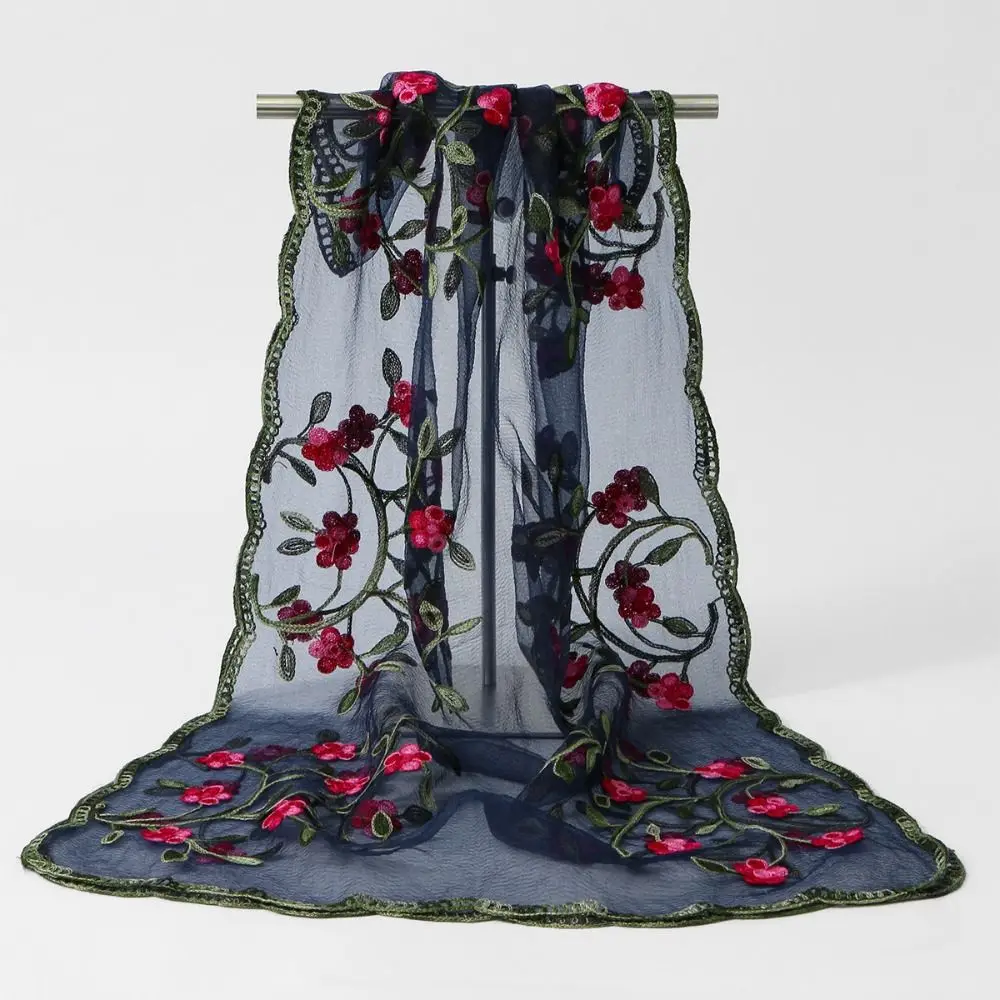 Ethnic Style Embroidered Floral Headwrap Lightweight Breathable Boho Sheer Shawl Soft Skin-Friendly Summer Hijab Church Attire