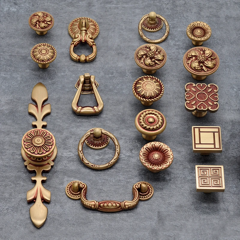 Retro 10PCS Solid Brass Furniture Pulls Handles Drawer Knobs Cupboard Wardrobe Kitchen Closet Dresser Shoe Cabinet Pulls Handles