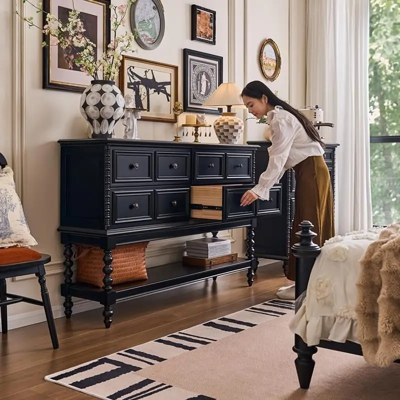 

French retro black solid wood chest, living room against the wall, locker, side cabinet, antique door cabinet