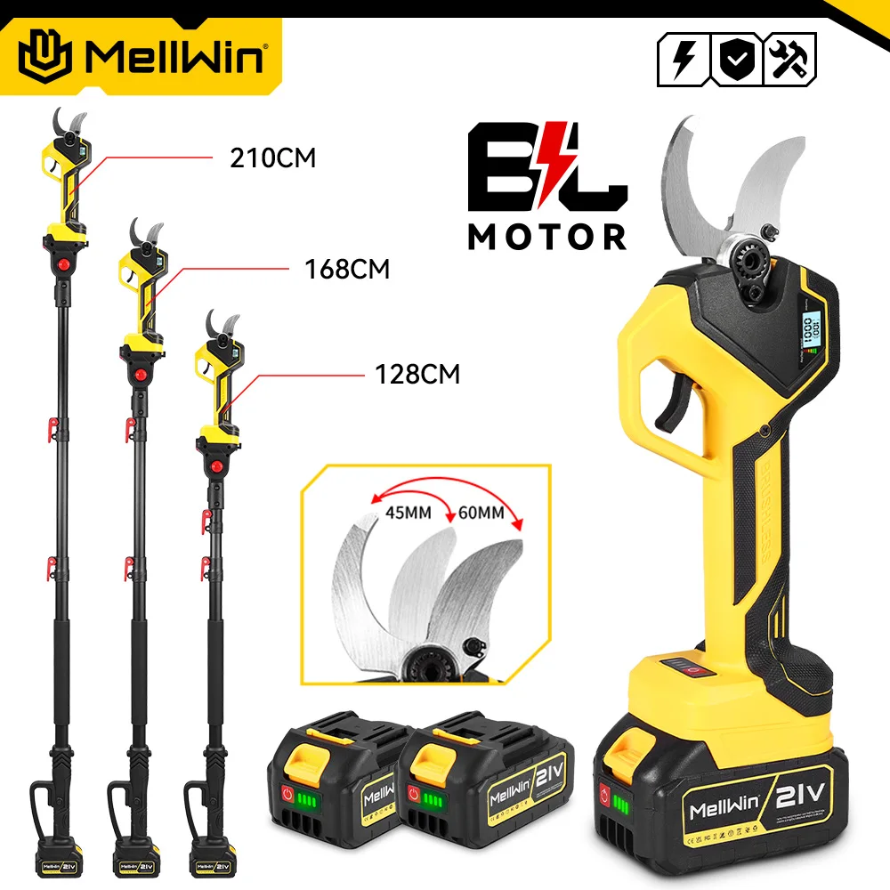 Cisailles électriques sans fil MELLWIN 50 mm avec perche télescopique de 180 cm, 2 tailles d'ouverture, cisailles de jardinage électriques, outils électriques pour batterie Makita 18V.