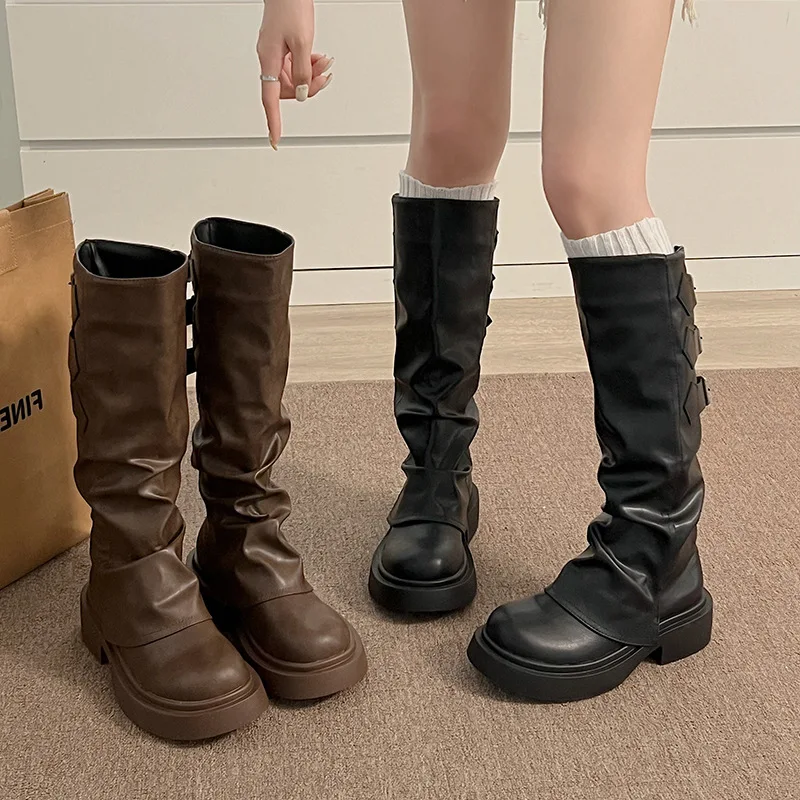 

Pleated Slouchy Long Boots for Women New Style Platform Thick Sole Knee-High Riding Boots