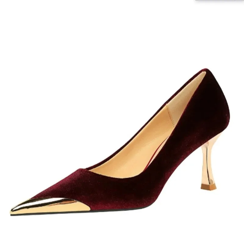 BIGTREE Sexy Women Pumps Office Lady Party Metal Decoration Pointed Toe Flock 7CM Thin Heels Fashion Girls Women Shoes Black