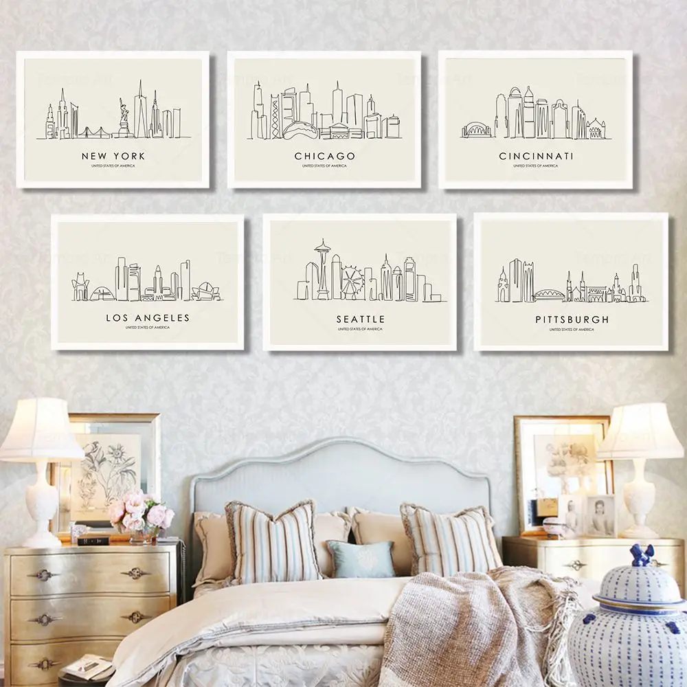 Abstract City Line Draw Posters New York Chicago Cincinnati Skyline Canvas Painting Print Minimalist Wall Art Picture Home Decor