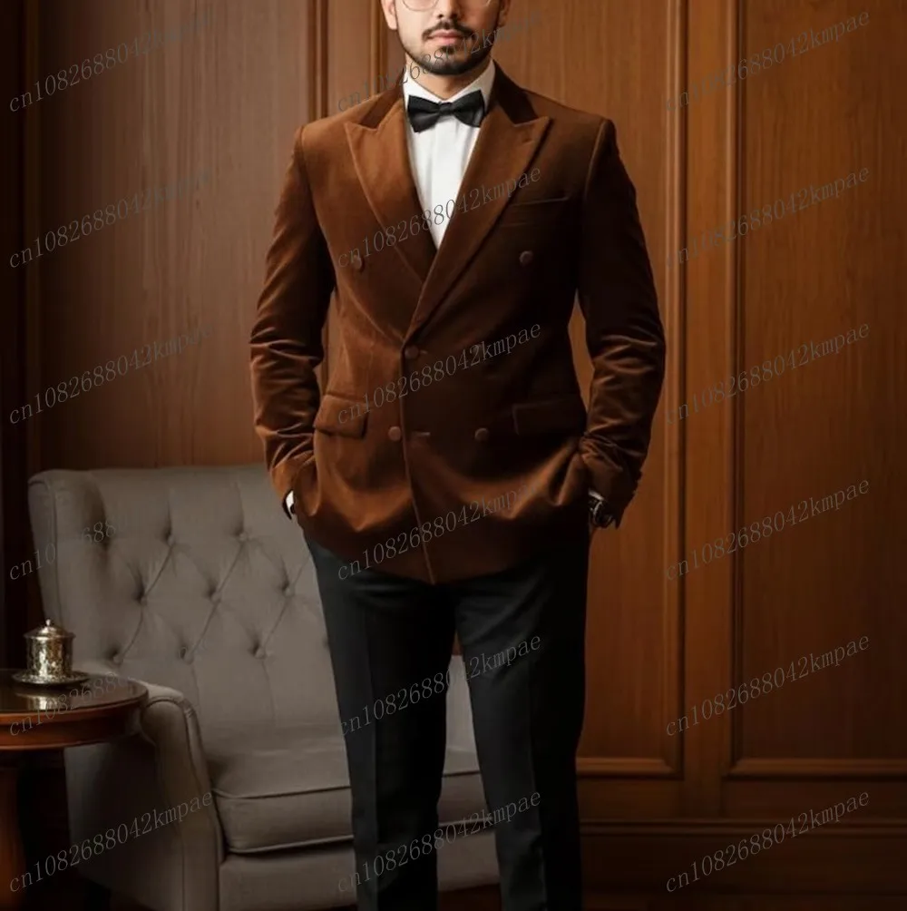 

Dark Brown Velvet And Black Men Formal Tuxedos Groom Groomsman Wedding Party Prom Male Business Suit 2 Piece Set Blazer Pants