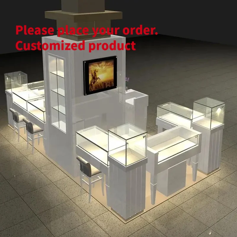 custom.Luxury Jewelry Kiosk Display Counter with LED Lighting, Showcase Design Gold Silver Ring&Pendant Exhibition i