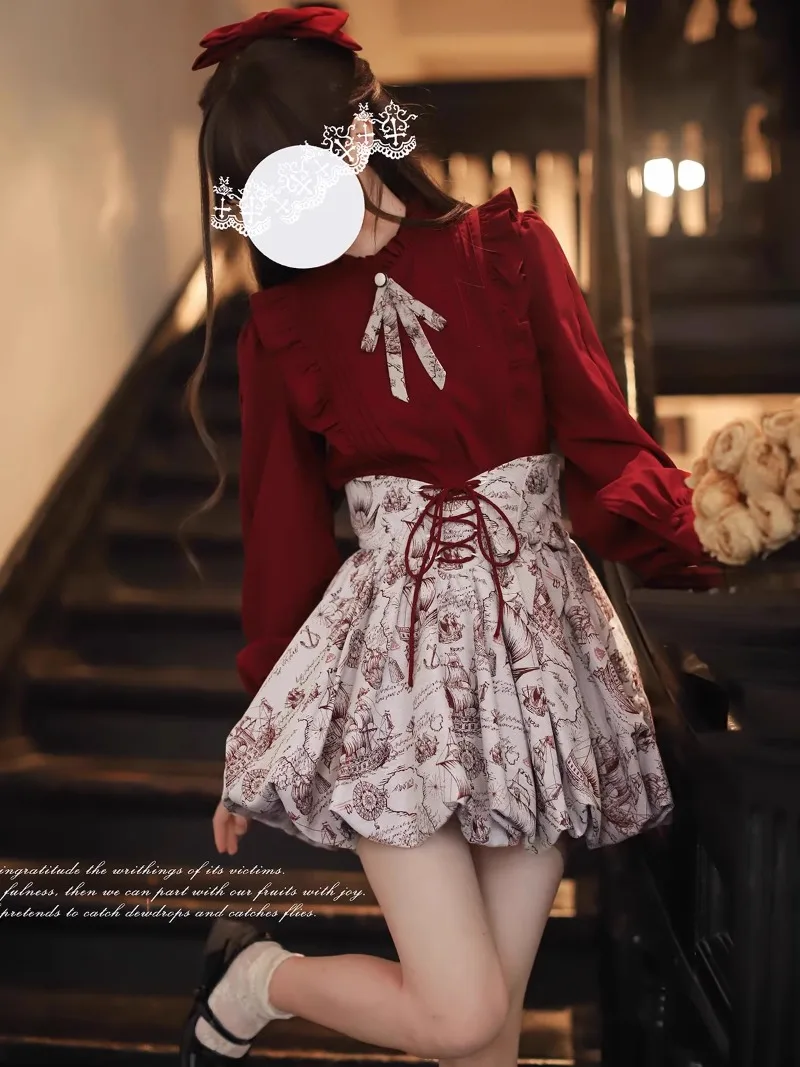 ญี่ปุ่น Rojita สไตล์ JK หวานและน่ารัก Burgundy ชุดขาแขนเสื้อ Bud Tutu ชุดสั้น Vestido Feminininos