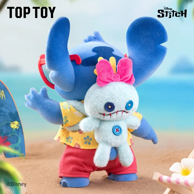 In Stock 2025 25cm New Genuine Cute Stitch Summer Series Large Vinyl Flocking Figurine Movable Arms Model Collectible Gift