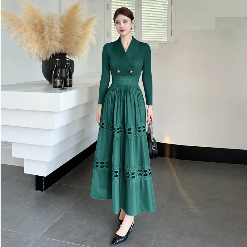 ANLAN New Miyake Women's Pleated Dresses Suit Collar Elegant Long Sleeve Patchwork Lace Hollow Waist Slimming Long Dress 3AN1756