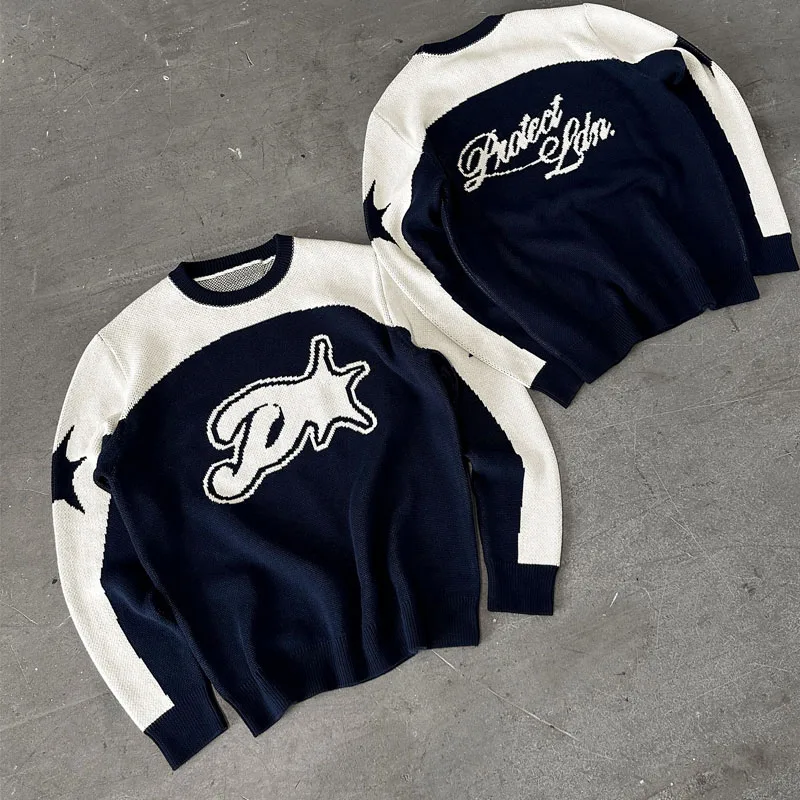 

New autumn and winter contrasting round neck sports basketball style design pullover sweater