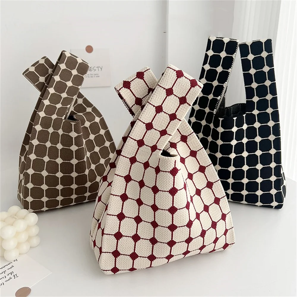 Checkered Handmade Knitting Handbag Women's Shoulder Bag Korean Mini Knot Wrist Bag Tote Bag Female Student Shopping Bags Pouch