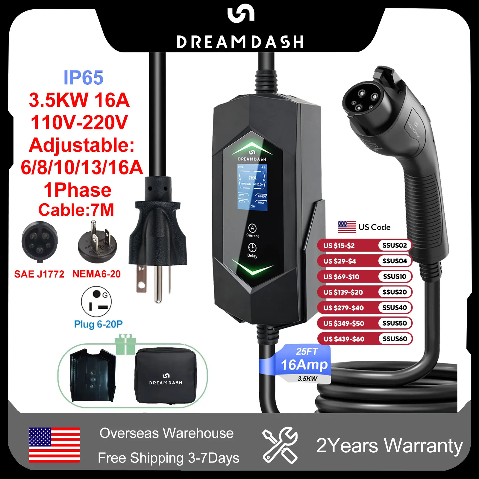 

Dreamdash Type1 Portable EV Charger 3.5KW SAE J1772 EVSE Charging 16A 1Phase For Electric Vehicle 7m Cable Current Adjustable