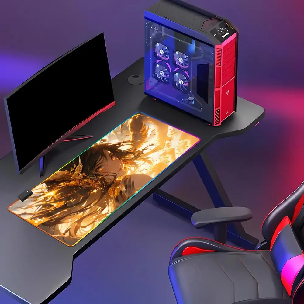 HYBXAXC Anime Golden Phoenix Girl Mouse Pad, Aesthetic Fire Phoenix,Anime Aesthetic Decor RGB Gaming Mouse Gamer Large LED Light