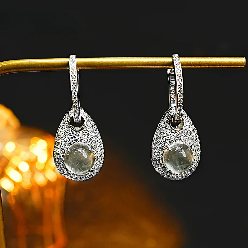 Fashionable and Natural Jade Marrow Water Foam Jade Silver Earrings Set with High Carbon Diamond Versatile Style Wedding Jewelry