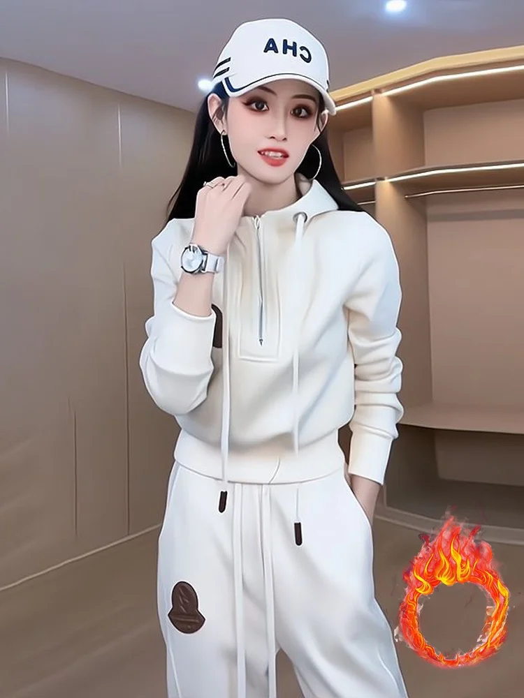 

Утепленный флисовый комплект: худи и брюки для женщин, повседневный, из двух предметов, белый, с отстегивающимся капюшоном, осень-зима