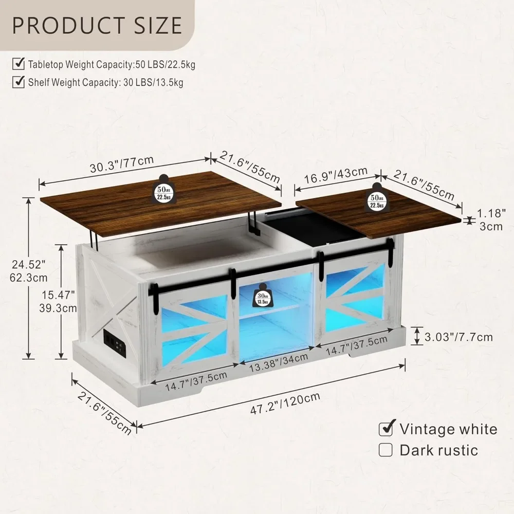 Stolik kawowy 47 cali, 2 przesuwne drzwi do stodoły, szafka na broń z dużym schowkiem i 3-kolorowym oświetleniem LED, podwyższony stół centralny