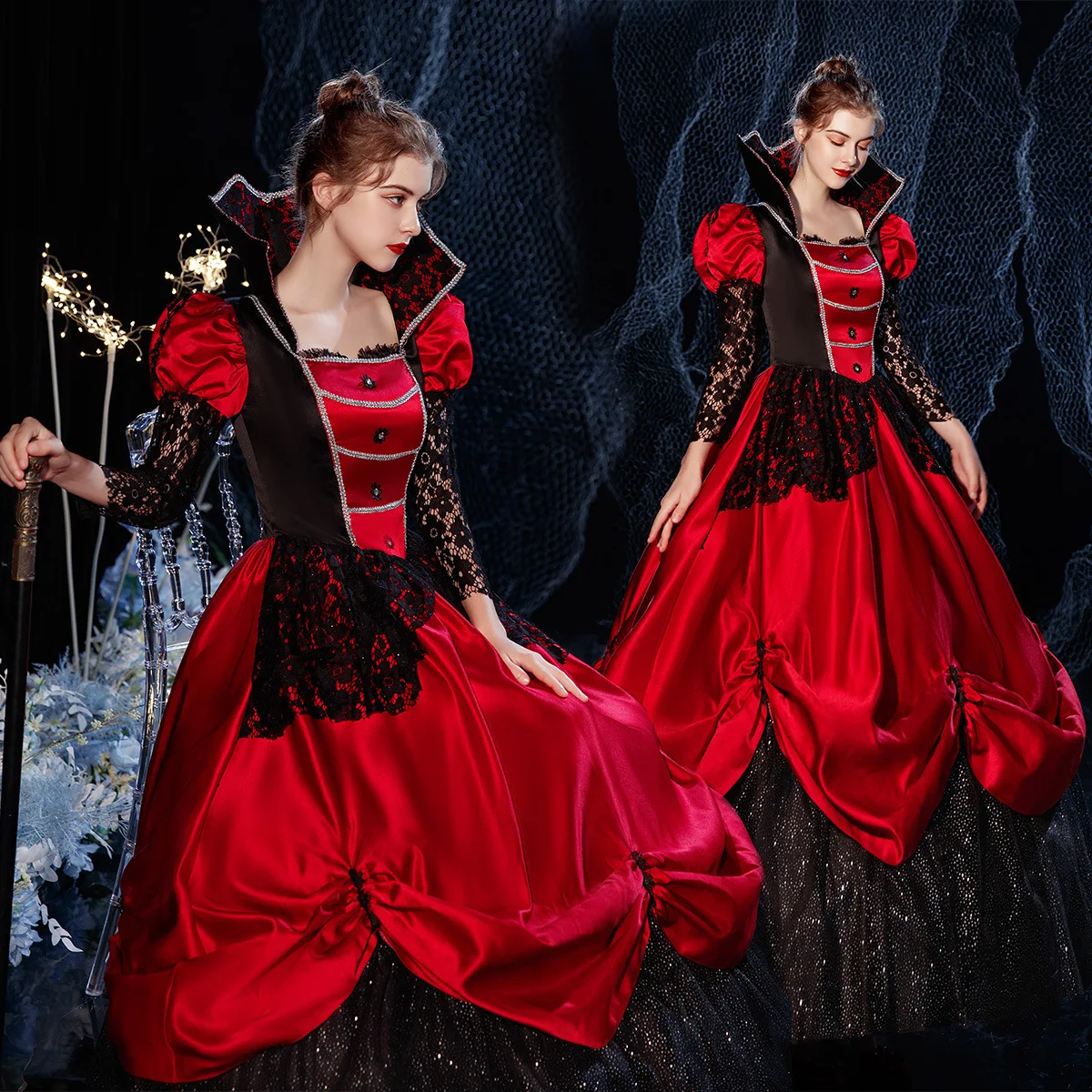 Vampire Cosplay Queen Dress com gola alta, vestido rainha, princesa Gothic vestido de baile, fantasia teatral para Carnaval, vermelho e preto