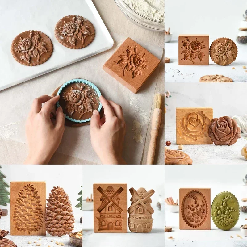 Wooden Cookie Mold Cutter 3D Cake Embossed Gingerbread  Baking Flower Kitchen Gadget