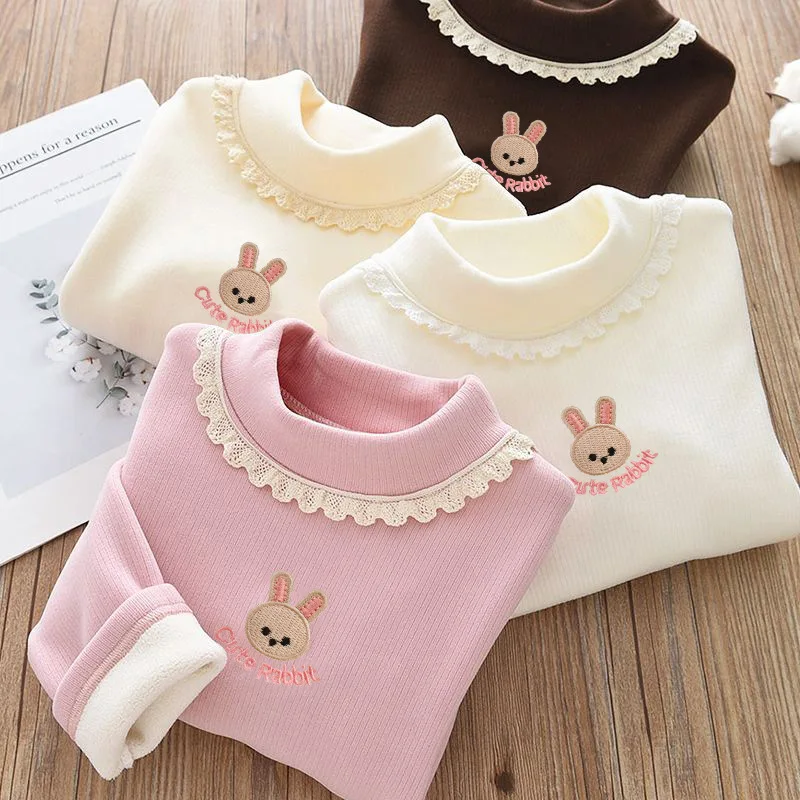 

1pcs Children's T-Shirts Rabbit Embroidery Velvet warm top Kids Half High Collar Long Sleeve Base Shirt Girls Tshirts Clothes