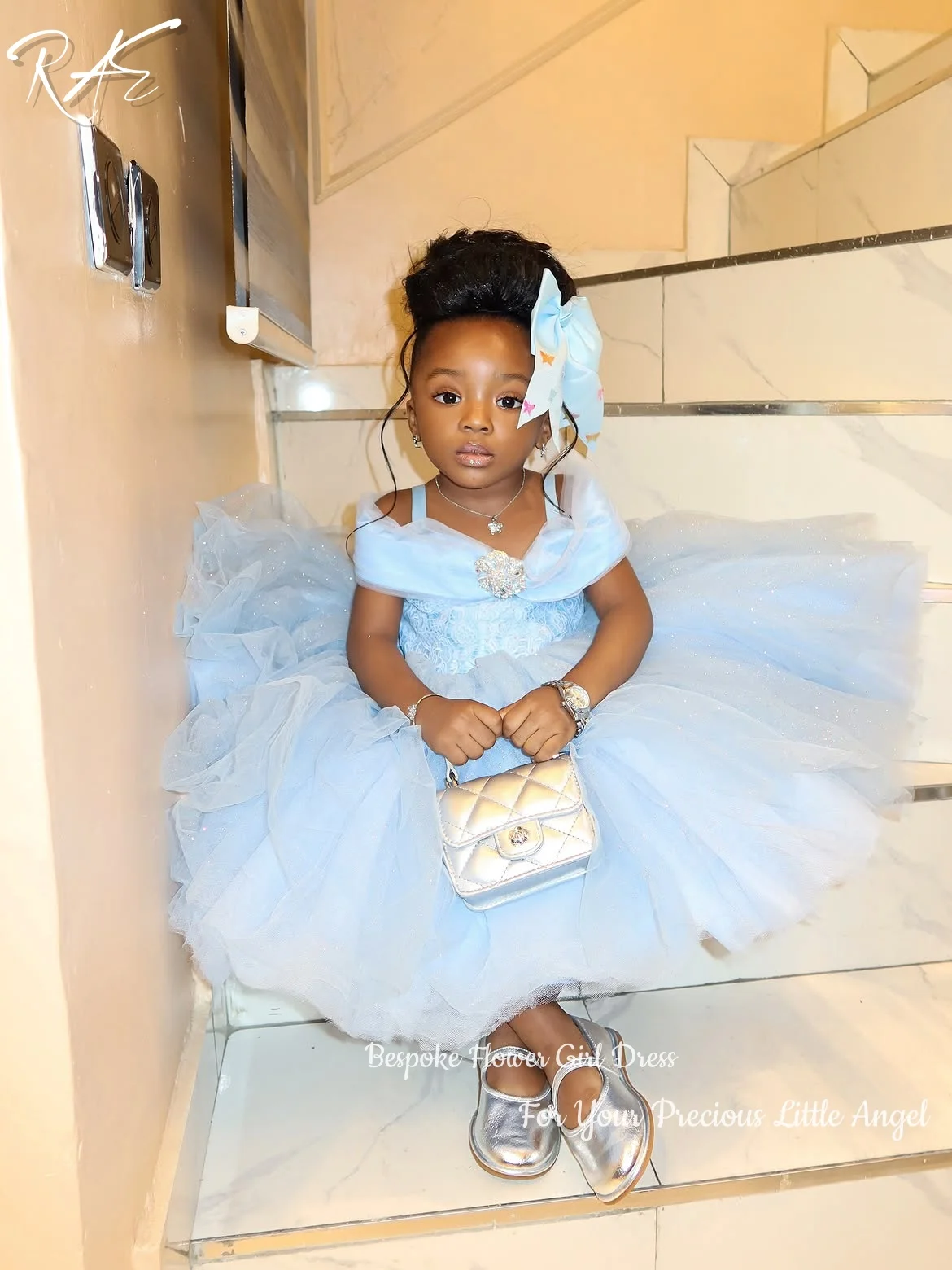 Light Blue Off Shoulder Flower Girl Dress Lace Beaded Bodice Puffy Glitter Tulle Short Gown Wedding Birthday Pageant Formal Gown