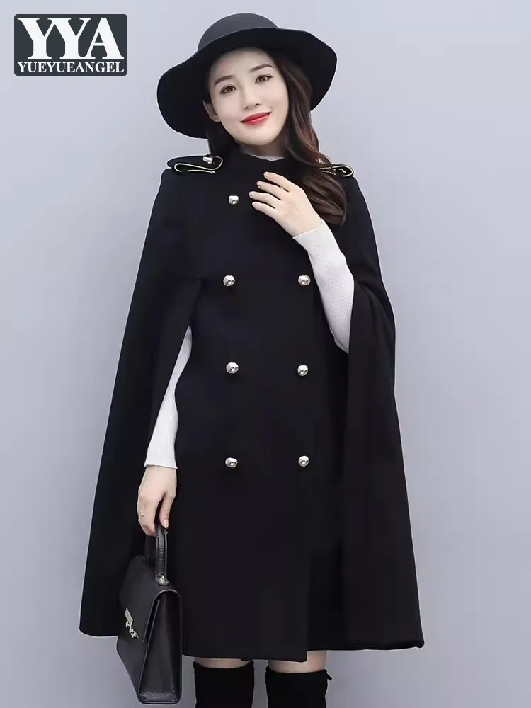 

New Autumn Winter Women Double Breasted Cape Elegant Ladies Coat Stand Collar Cloak Outwear Coats Vintage Middle Long Overcoat