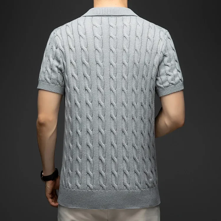 100% Baumwolle Herren Strick-Poloshirt Kurzarm Baumwolle Zopfmuster Retro Umlegekragen Lässiges Business-Oberteil – Detail 15