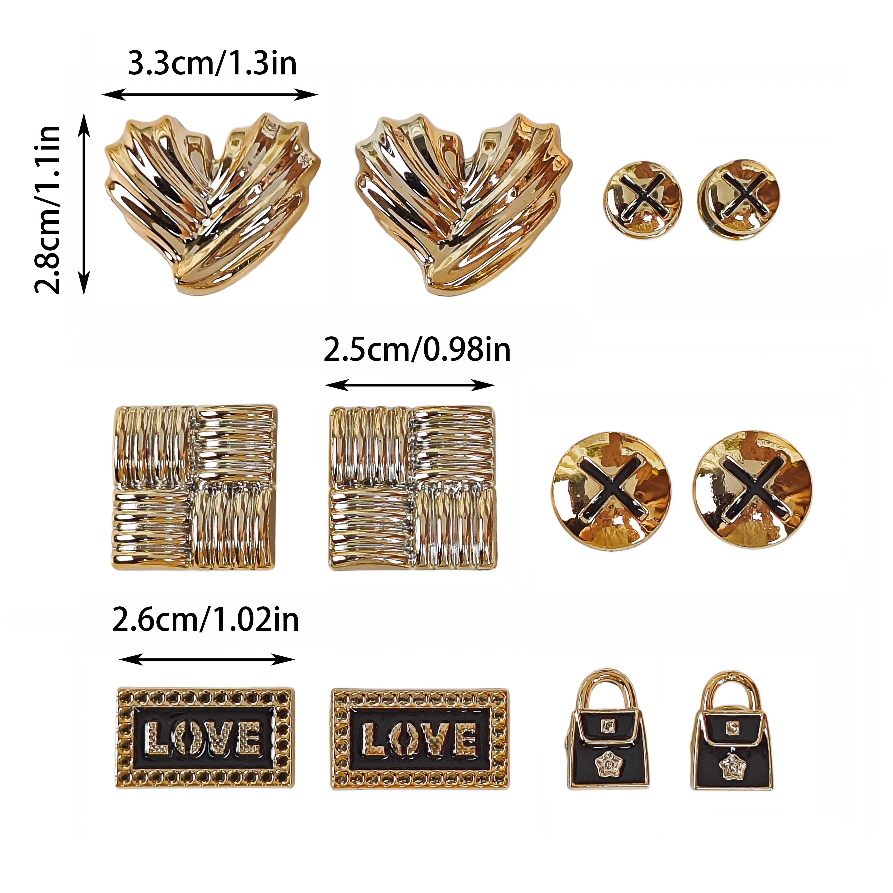 12Pcs DIY Shoe Decoration Charms: Shiny Hearts, Bags, Letter Tags, Cross-Shaped, Textured Square Decorative Buckles, Lightweight Non-Metal Material, Y2K Fashion Versatile Cute Personality Accessories for Men and Women, Suitable for Eva Beach Shoes, Sandals, Removable Shoe Decorations, Holiday Gifts