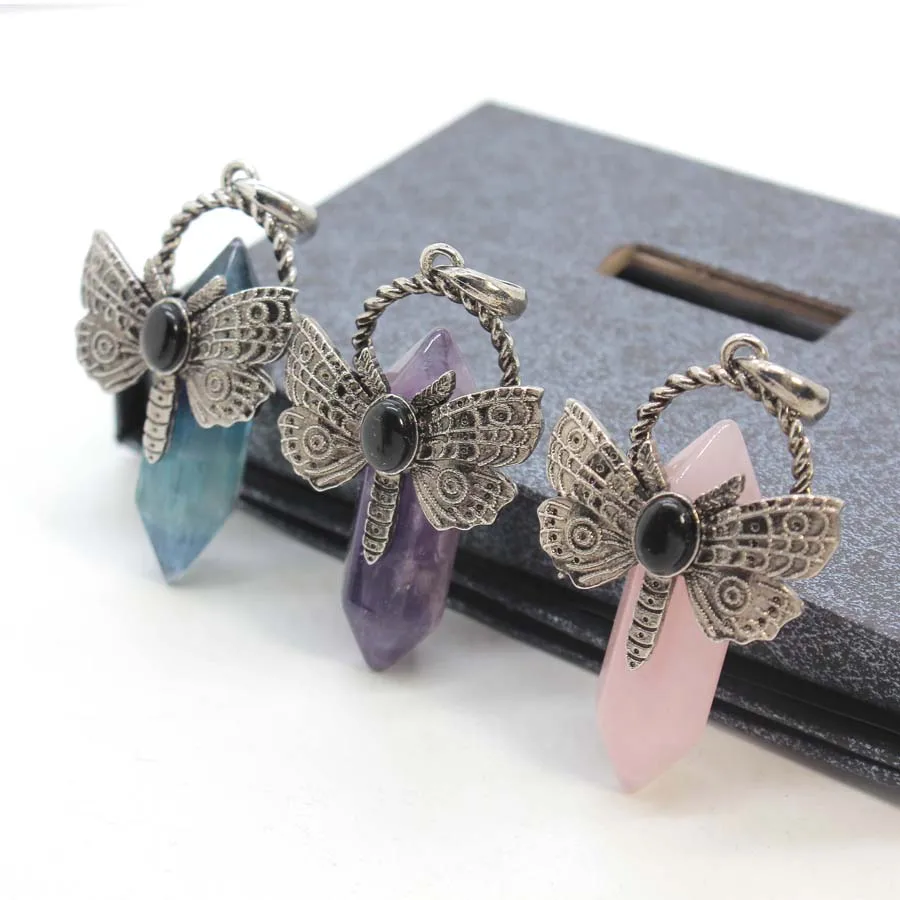 Crystal Hexagon Prism Dragonfly Stone Pendant For Women Necklace DIY Natural Amethyst Quartz Fluorite Pendant Jewelry No Chain