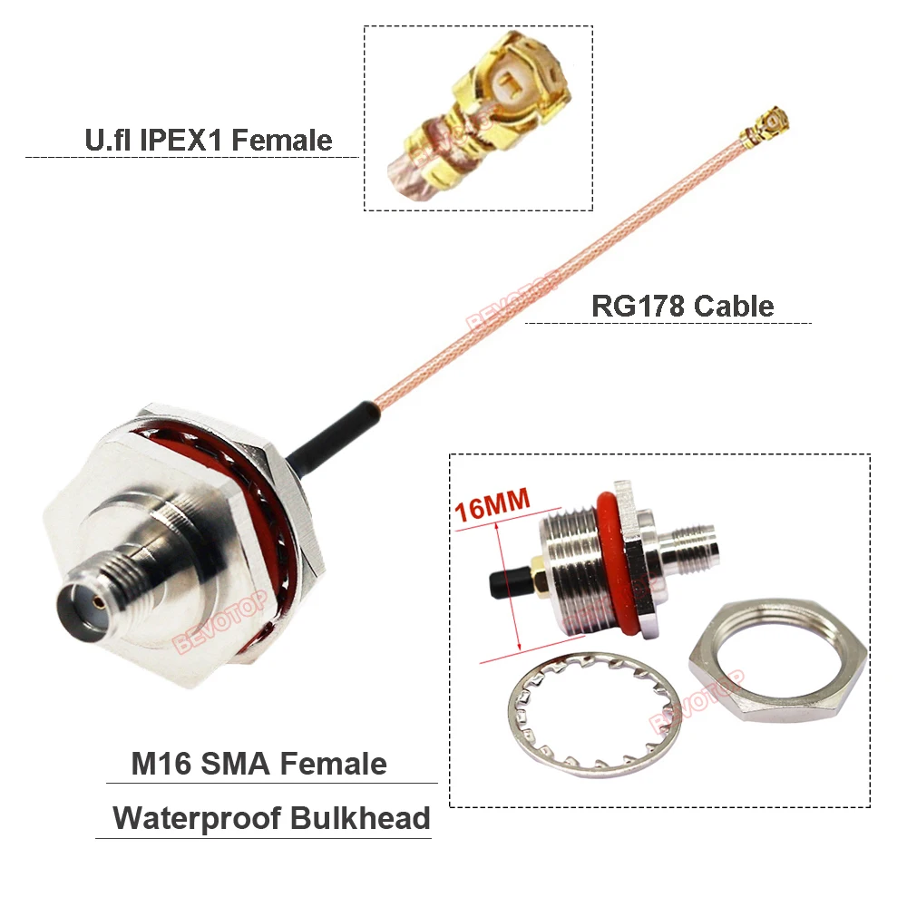 BEVOTOP IPX1/MHF4 Female to Waterproof RP/SMA Female Bulkhead M16 RF0.81/1.13/RG178 Cable 3g 4g WIFI Antenna Adapter 50 Ohm
