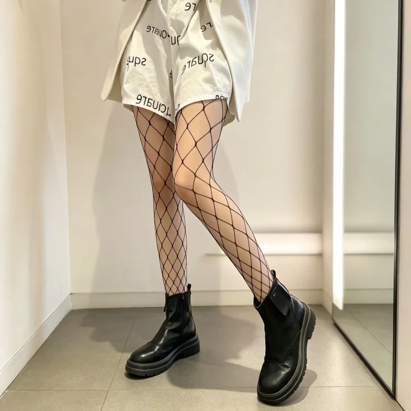 Hollow‑Out Fishnet Long Sheer Mesh Tights Women Black High‑Waist Pantyhose Comfort Trendy Hosiery Dating Daily Street Matching