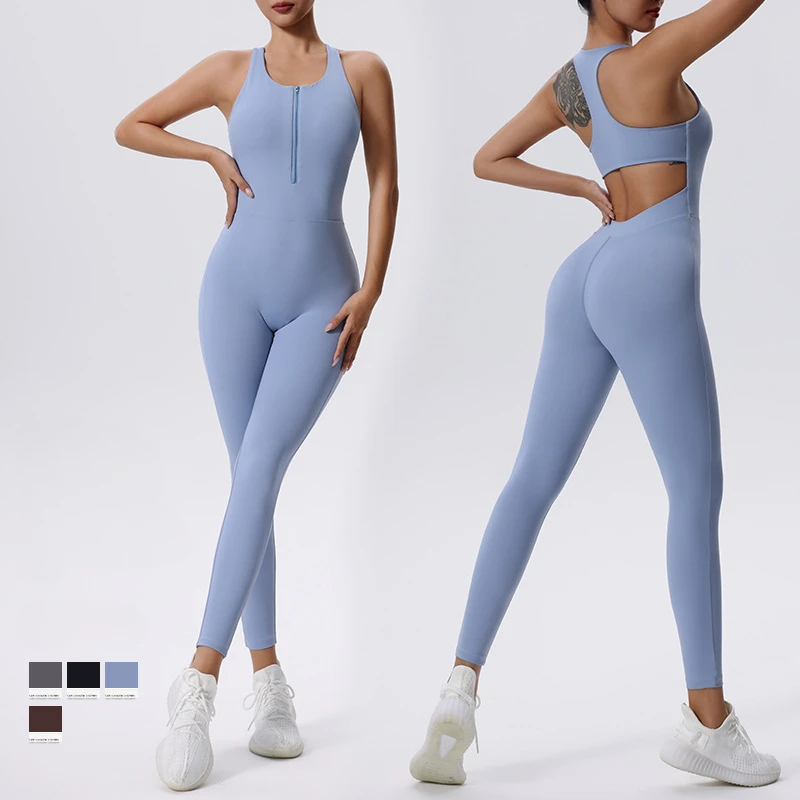 

Sexy Hollow Backless Fitness Sport Overalls with Cups Women Sportwear Sleeveless Zipper Yoga Jumpsuit Lady One Piece Gym Outfit