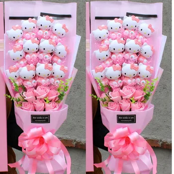 Sanrio dos desenhos animados olá kitty buquê flor kawaii sabão boneca de pelúcia caixa de presente para mulheres sabão rosa presentes de aniversário do dia dos namorados