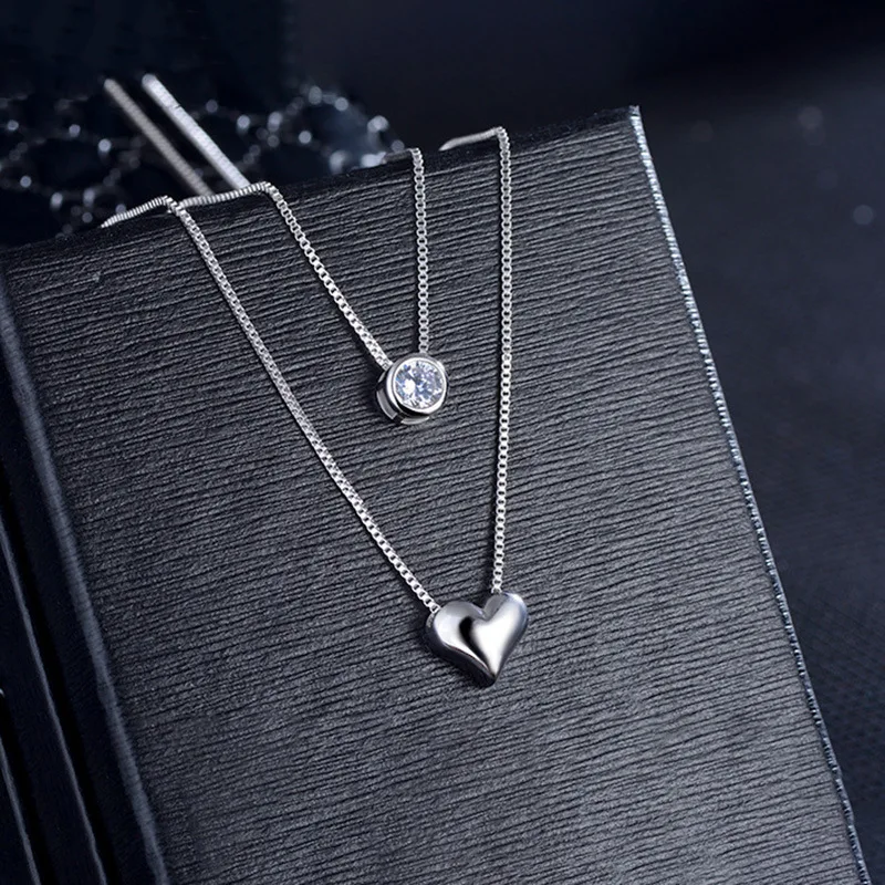 Collar de plata de ley 925 de doble capa con forma de corazón, colgante de circonita exquisito y a la moda, regalo de dama de honor, joyería de boda