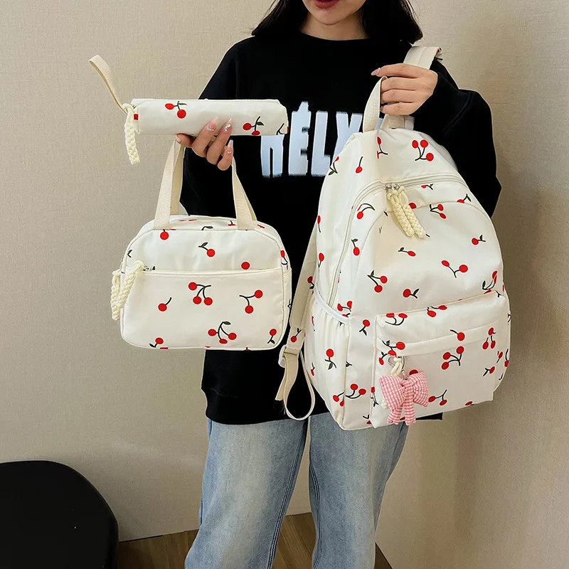 Cute Girl's Backpack 3 Pcs/Set Cherry Print Bow School Bag Lightweight Pen and Lunch Bag Lovable Women's Travel Backpack