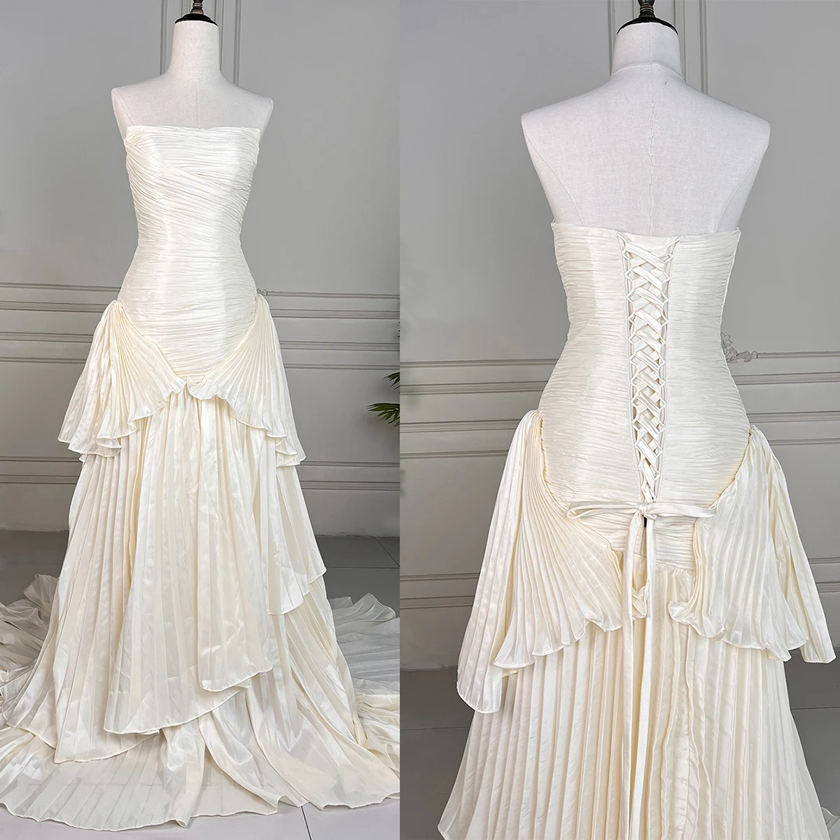 Strapless Beige Pleated Taffeta Bridal Gowns A Line Customized Real Photos Lacing Corset Ruched Layered Irregular Wedding Dress