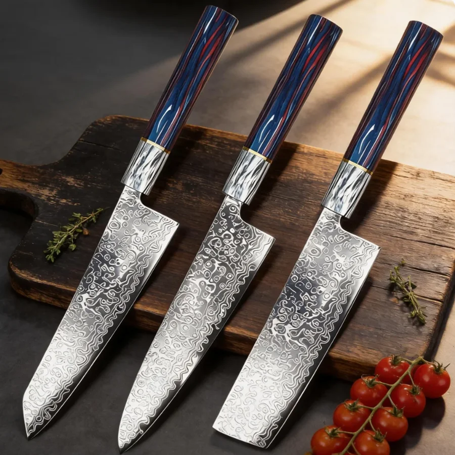 Damascus Kitchen Knife, colorful Stable Wooden Handle Japanese Chef's Cutting and Peeling Knife, Sharp Kitchen Cooking Tools