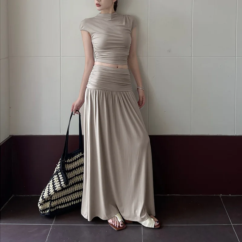 

Женский вязаный комплект из двух частей с юбкой, укороченные топы с круглым вырезом и короткими рукавами, элегантная тонкая дизайнерская юбка трапециевидной формы, милый модный наряд