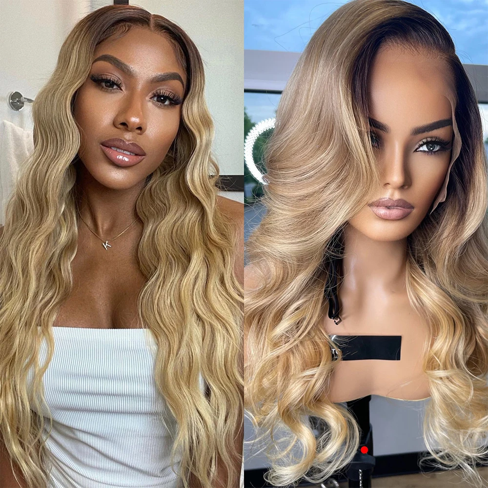 

Golden Blonde Summer Time Wig Dark Roots Ombré Wavy Wig Highlight Synthetic Lace Front Wig High Temperature Fibre 13x4 Free Part