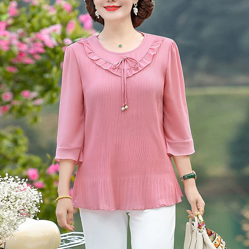 Women\'s Pleated Bow Elegant Chiffon Blouse Summer Fashion Round Neck Three Quarter Sleeve Solid Shirts Casual Loose Ladies Tops