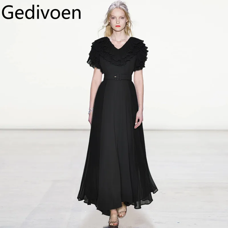 

Gedivoen Summer Women's Ball Gown Dress V-Neck Butterfly sleeve High Waiste Lace-Up Romantic Daily Basic Vacation Dresses