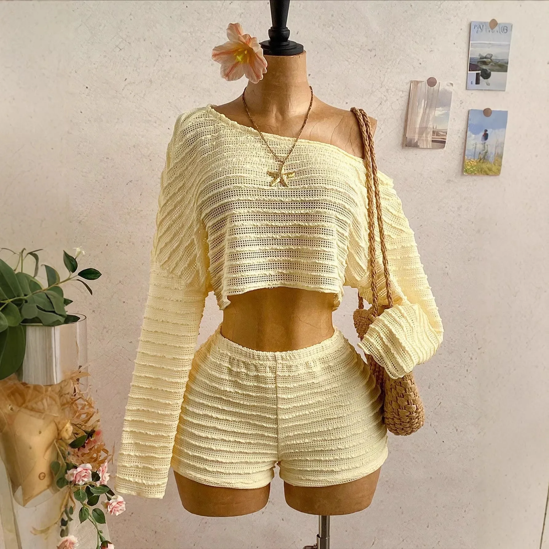 Two Piece Set Women Outfit 2026 Spring Summer New Slanted Collar Long Sleeve Crop Top & High Waist Casual Vacation Shorts Set