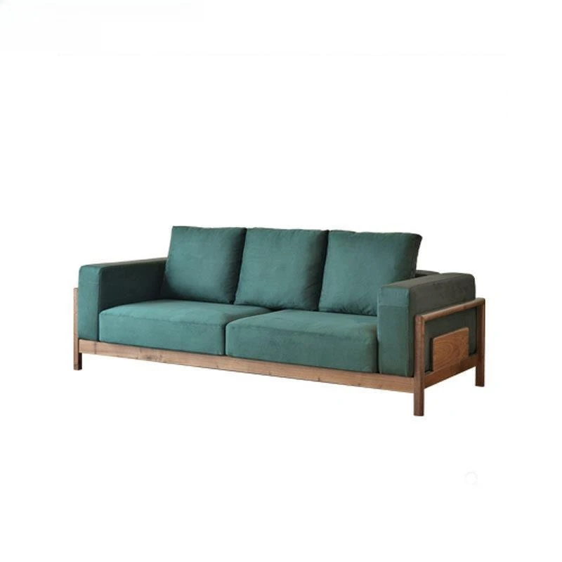 North American black walnut sofa all solid wood, retro Nordic living room fabric combination leather sofa new Chinese furniture