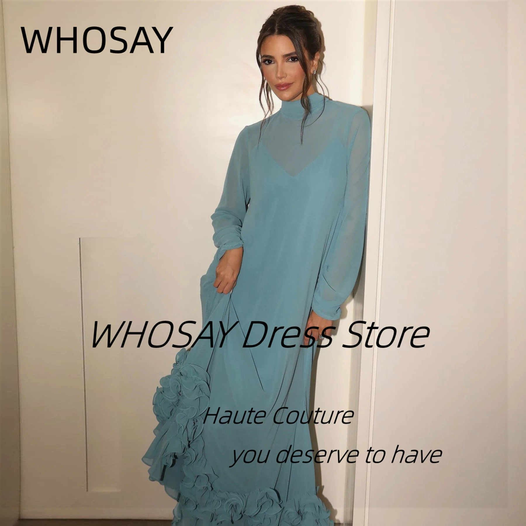

WHOSAY Prom Dresses 2025 High Collar Vestidos Des Fiesta Long Sleeves Ruffles Edge Special Banquet Evening Party Gown Customized