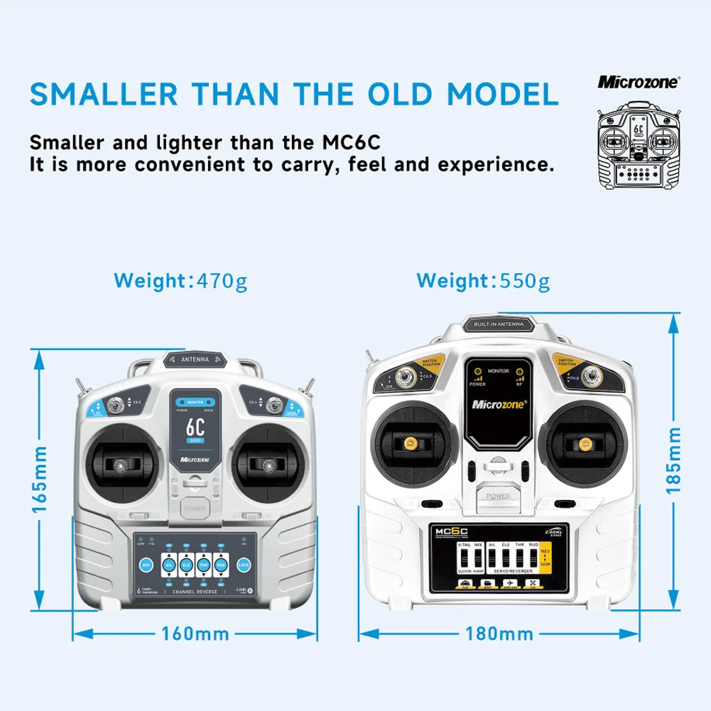 MicroZone MC6C Mini V2 2.4G 6CH Trasmettitore Controller con Ricevitore Sistema Radio Per RC Aereo Drone Multirotore Elicottero