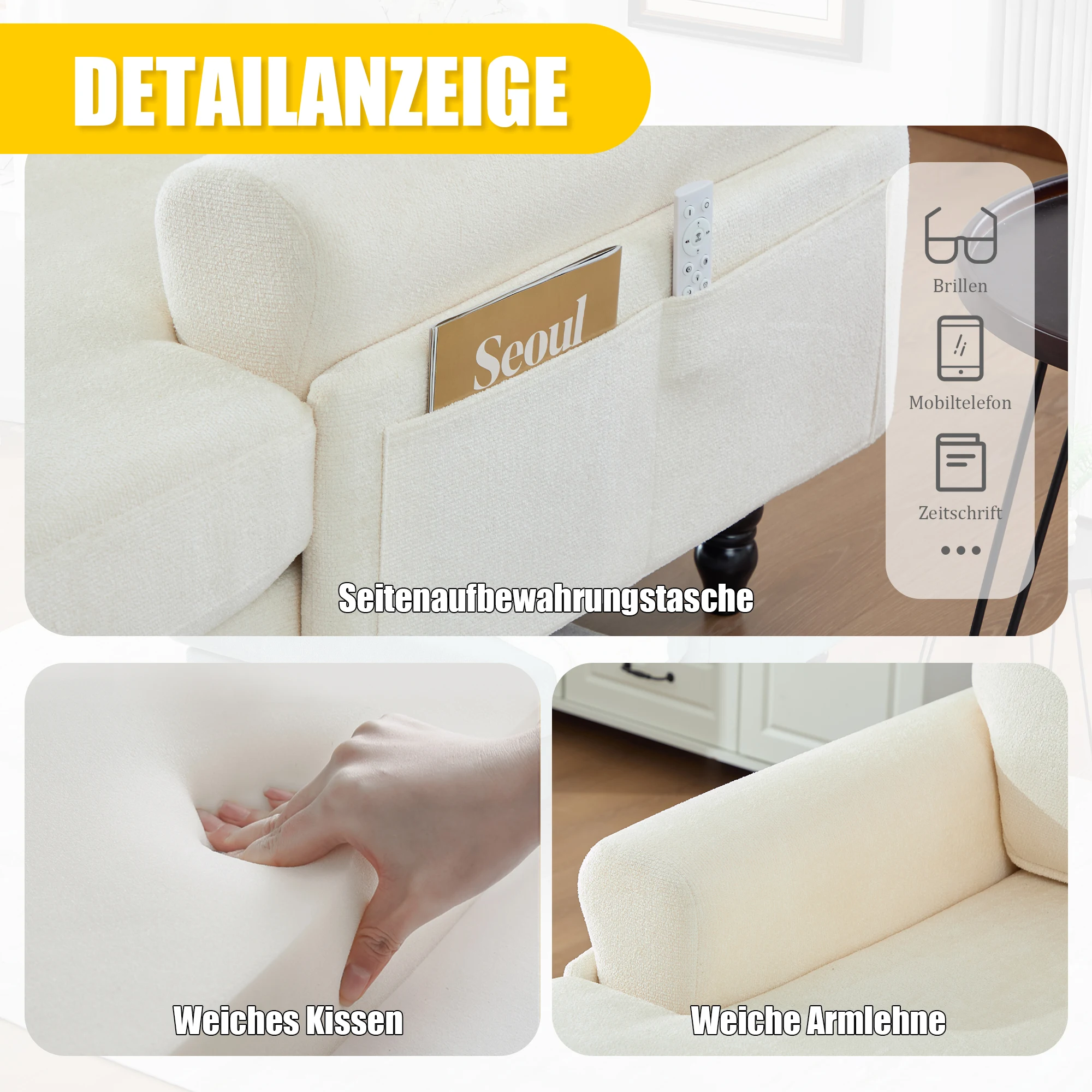 Moderner minimalistischer Samt-Loungesessel, Schlafzimmer-Einzelsofa mit Holzbeinen, bequemer Rückenlehne und Armlehnen – Detail 3