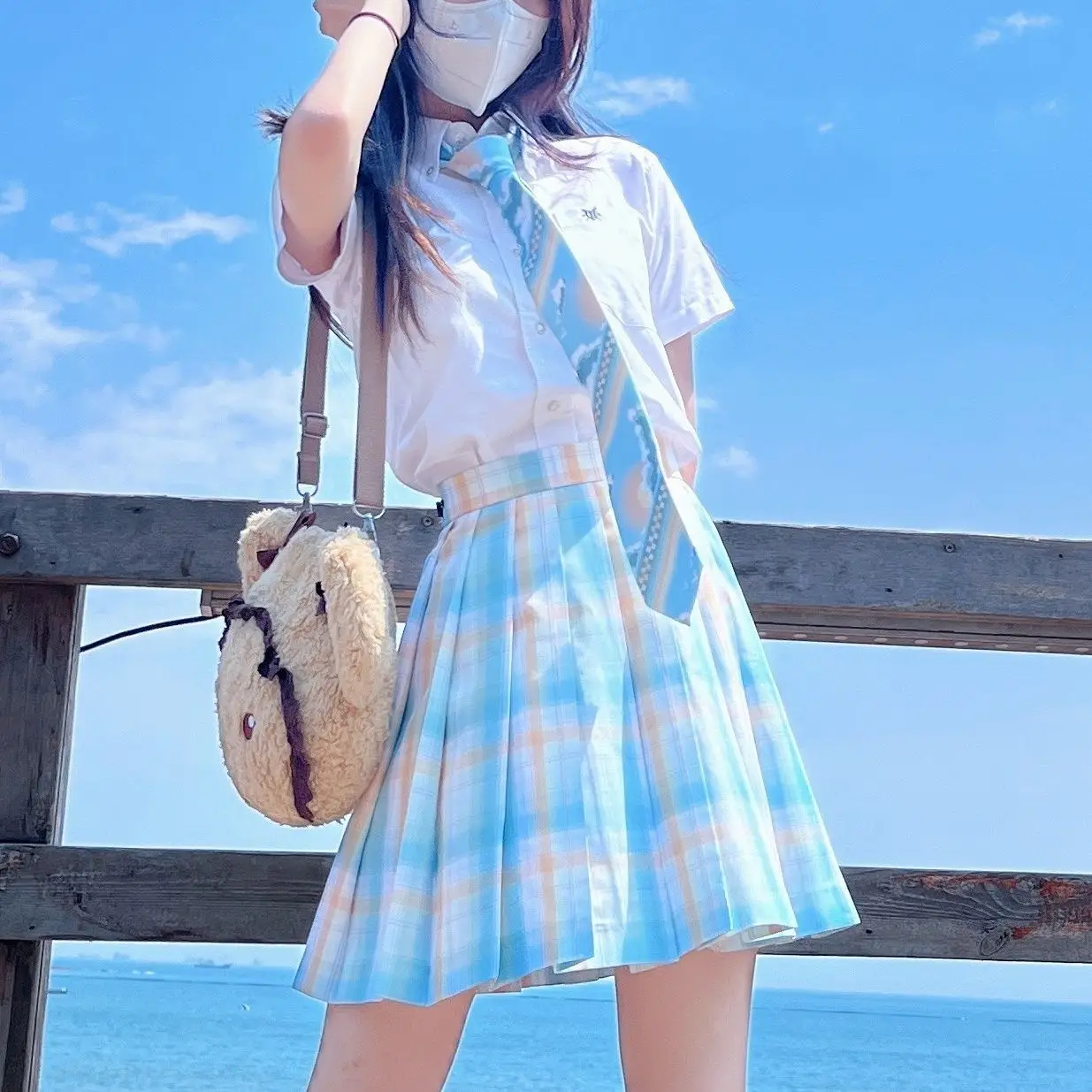 Clear Sky Plaid JK School Uniform Skirt, Japanese Fresh Style High Waist Pleated Skirt for Graduation Photo & School Daily Wear