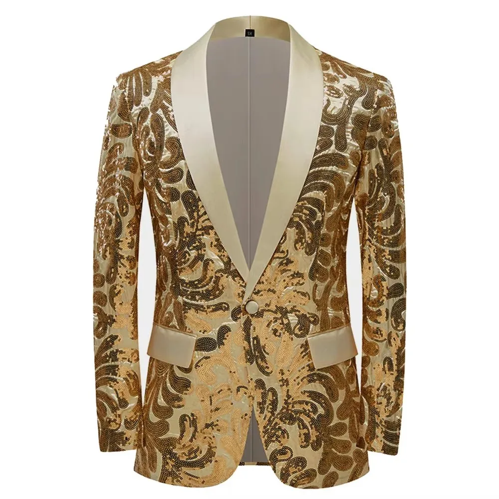 

Men's Red Gold Sequins Embroidery Tuxedo Blazer Formal Wedding Banquet Suit Jacket Groom Photo Shoots Singer Host Stage Blazer