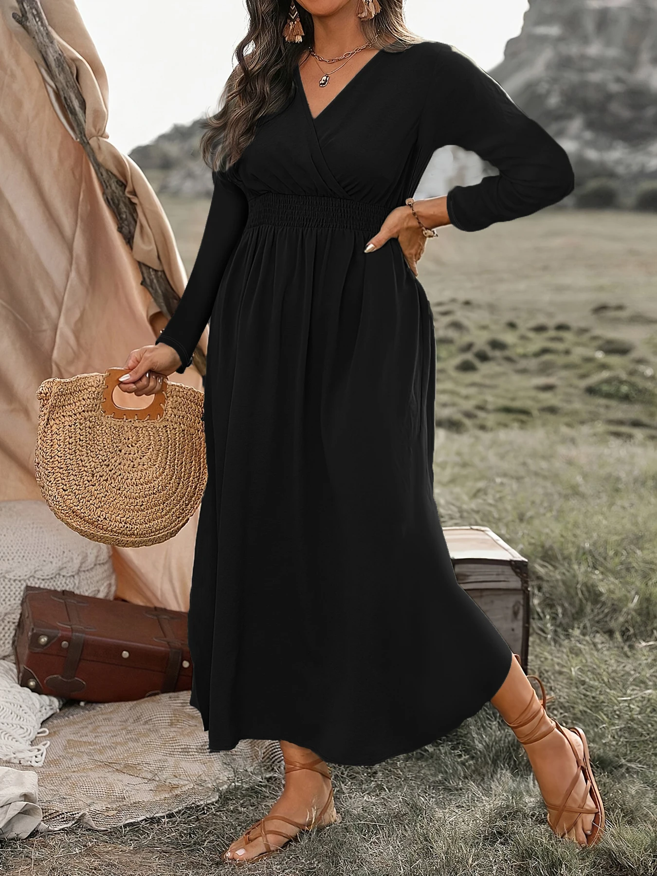 2024 AliExpress Europe and the United States cross-border plus size autumn new fashion V-neck tunic long sleeve dress