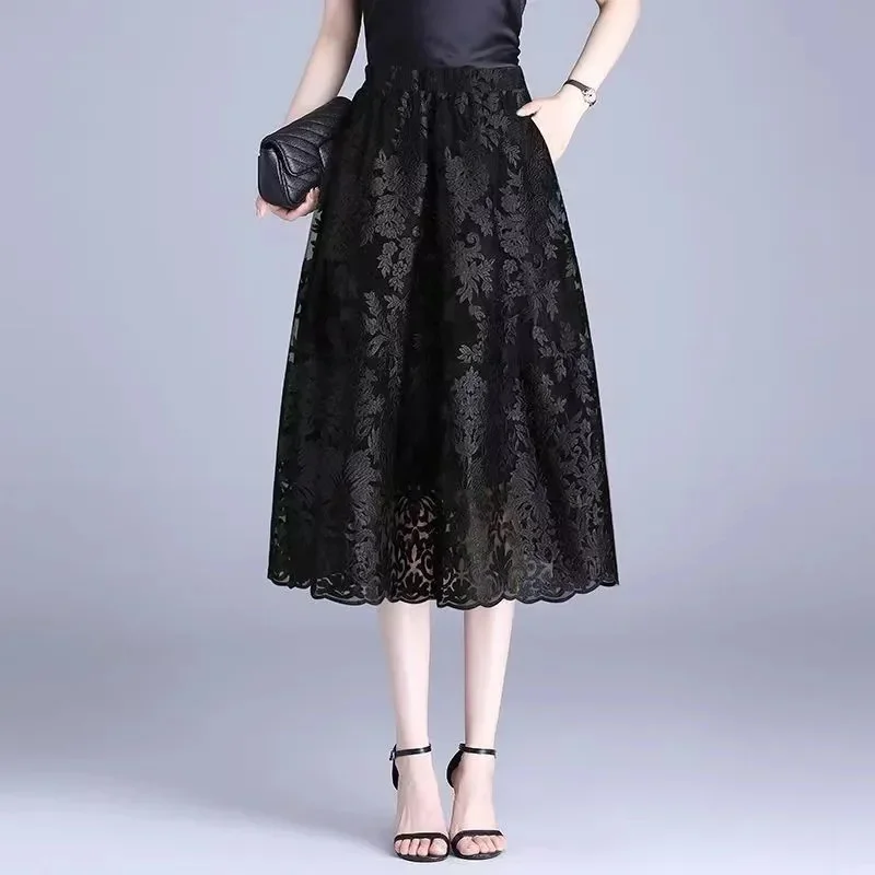 Pop Pop Summer Ladies High Waist Solid Color Half Body Gauze Skirt High-end Women Lace Maxi Skirt Female Embroidery A-word Long
