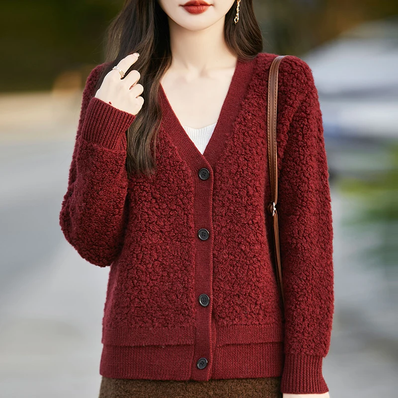 

Female V- Neck Australian Wool Cardigan Women 2024 Autumn Winter Thick Sweater Coat Casual Knitwear Super Soft Loop Yarn Big Top