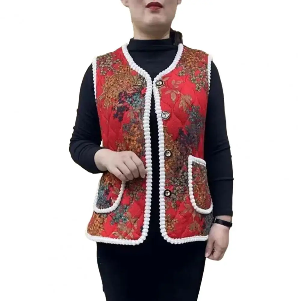 Cappotto leggero da donna gilet con stampa floreale di mezza età con fodera in peluche Cardigan monopetto con scollo a v per l'autunno